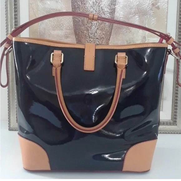 Dooney & Bourke Black Patent Leather and Tan Leather trim tote. Medium to Large. - Picture 2 of 8
